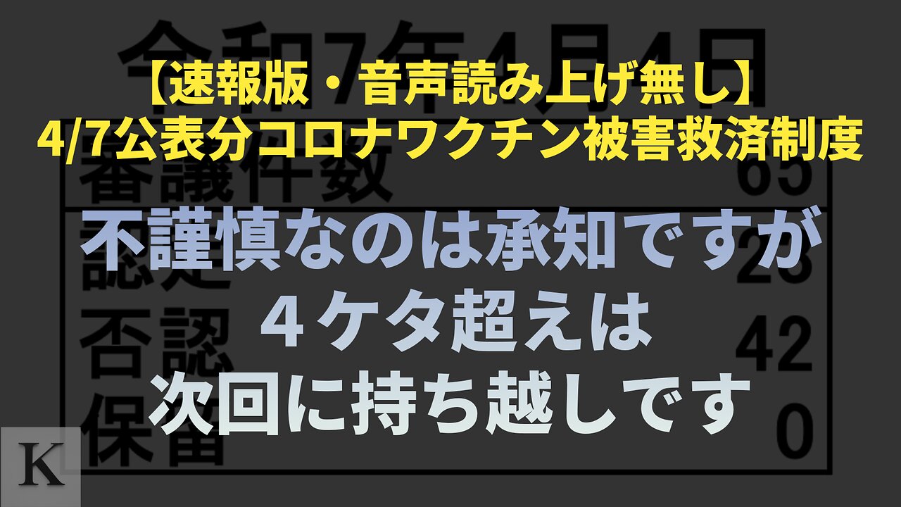 【速報版・音声読み上げ無し】4月7日公表分コロナワクチン被害救済制度 不謹慎なのは承知ですが４ケタ超えは次回に持ち越しです