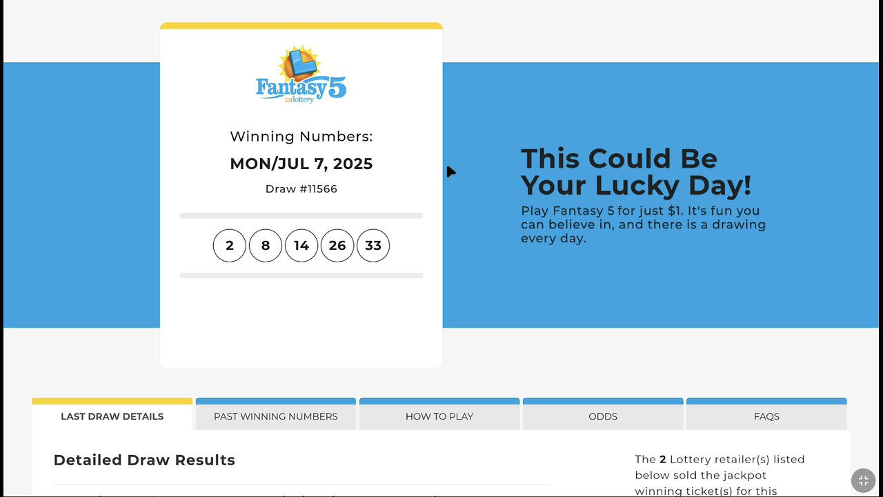 CA Lottery Fantasy Five July 7, 2025