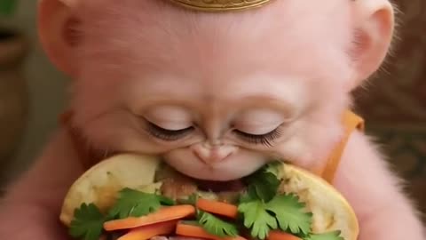 Cute Monkey Eating Giant Burger