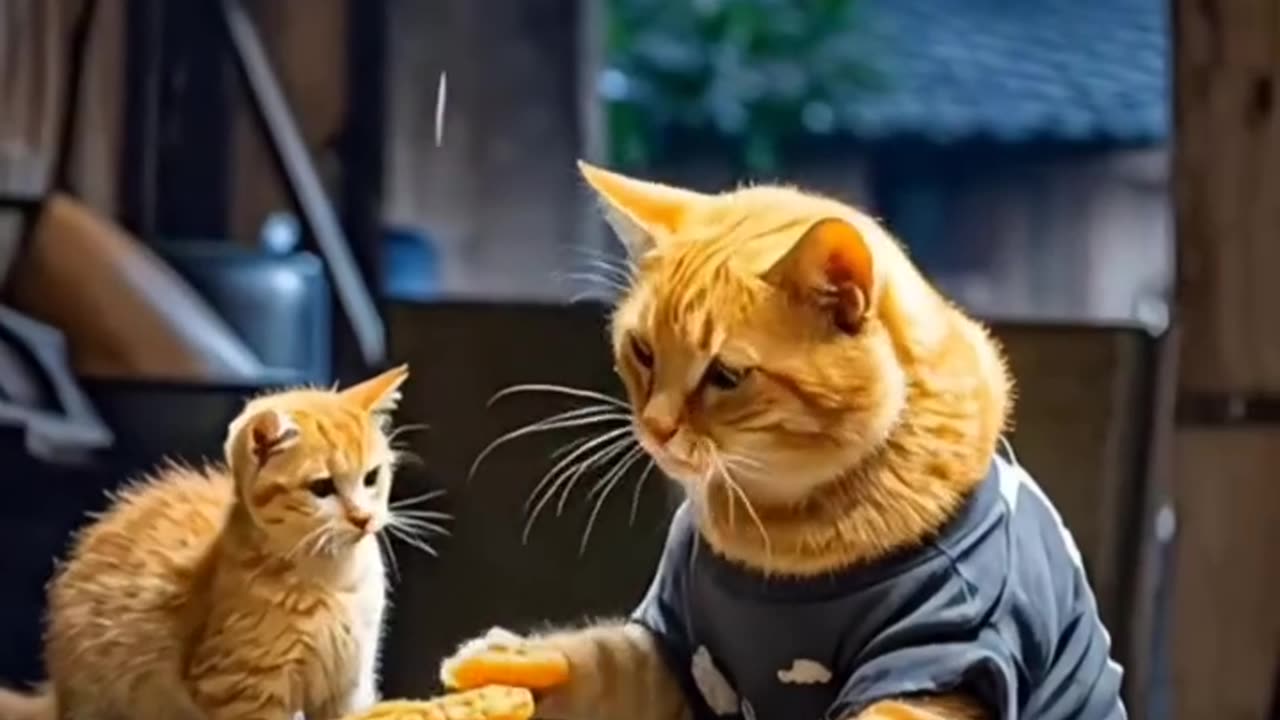 Little Rrange Cat and His Mother Cooking For Fun