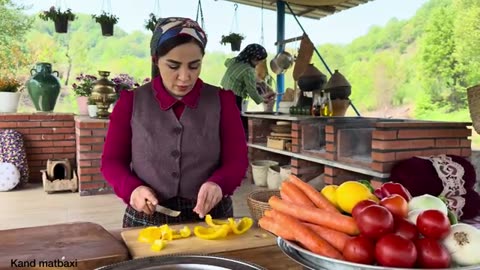 Cooking lamb leg stew with rice in a beautiful country kitchen
