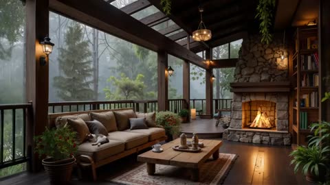Peaceful Balcony Jazz Ambience for Relaxation, Unwind 🌲 Rainy Cabin Music with Fireplace Crackles