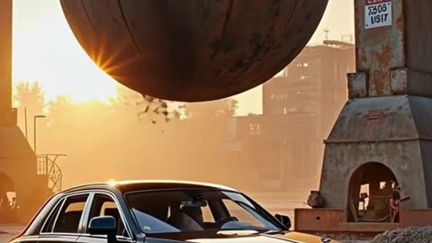 Car standing on Water Crashes Under Falling Weighted Ball.