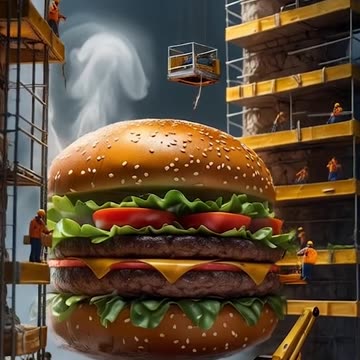 a giant burger being lifted by construction workers Ai Video Generator @NanoVisionsAI