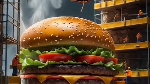 a giant burger being lifted by construction workers Ai Video Generator @NanoVisionsAI