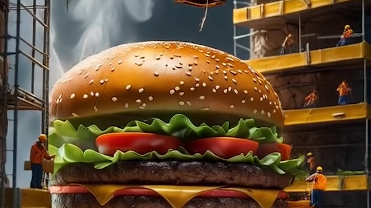 a giant burger being lifted by construction workers Ai Video Generator @NanoVisionsAI