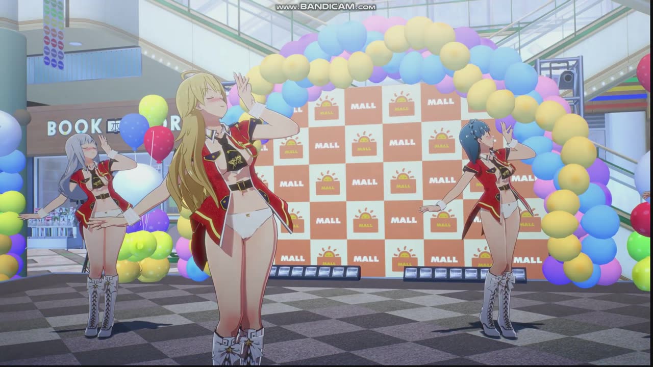 A group of girls wearing sexy idol costumes dancing in the mall,song called PRETTY DREAMER