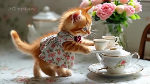 Tiny Baby Ginger Kitten_s Adorable Afternoon Tea Party
