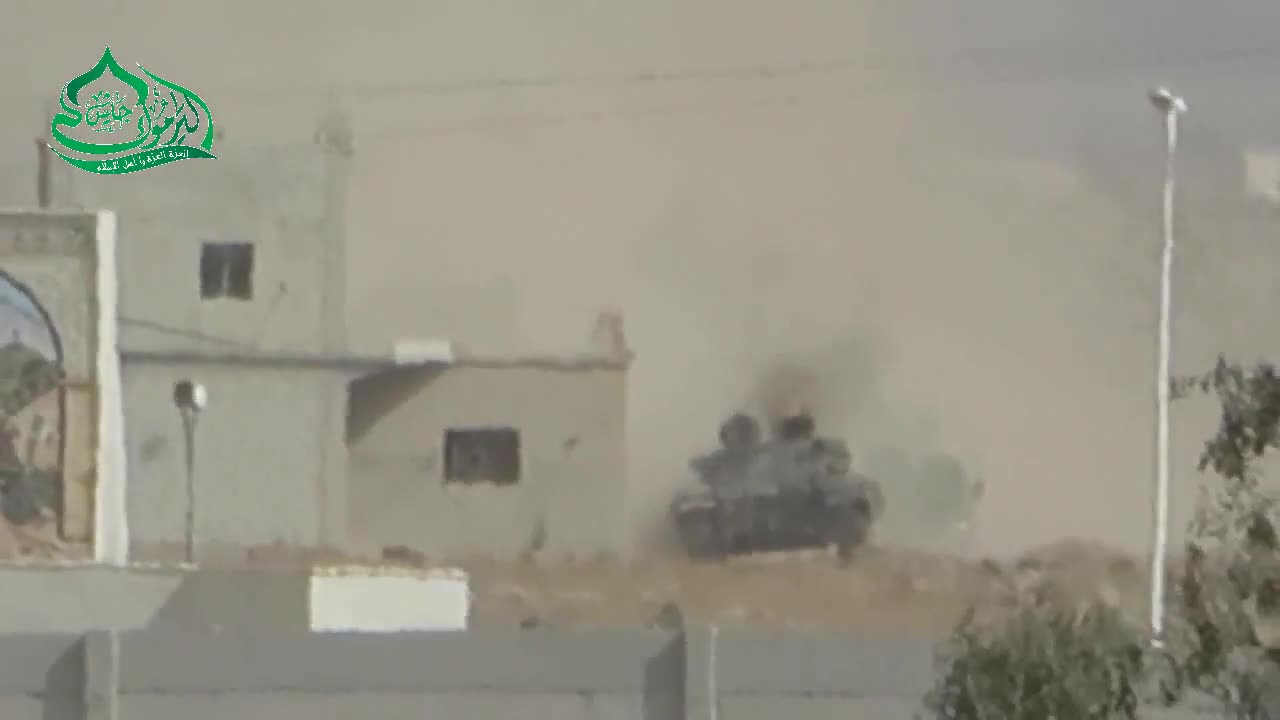 Syrian War in Naseeb border crossing Daraa TOW ATGM vs T-55 (Jaysh al-Yarmouk) 2014.10.18