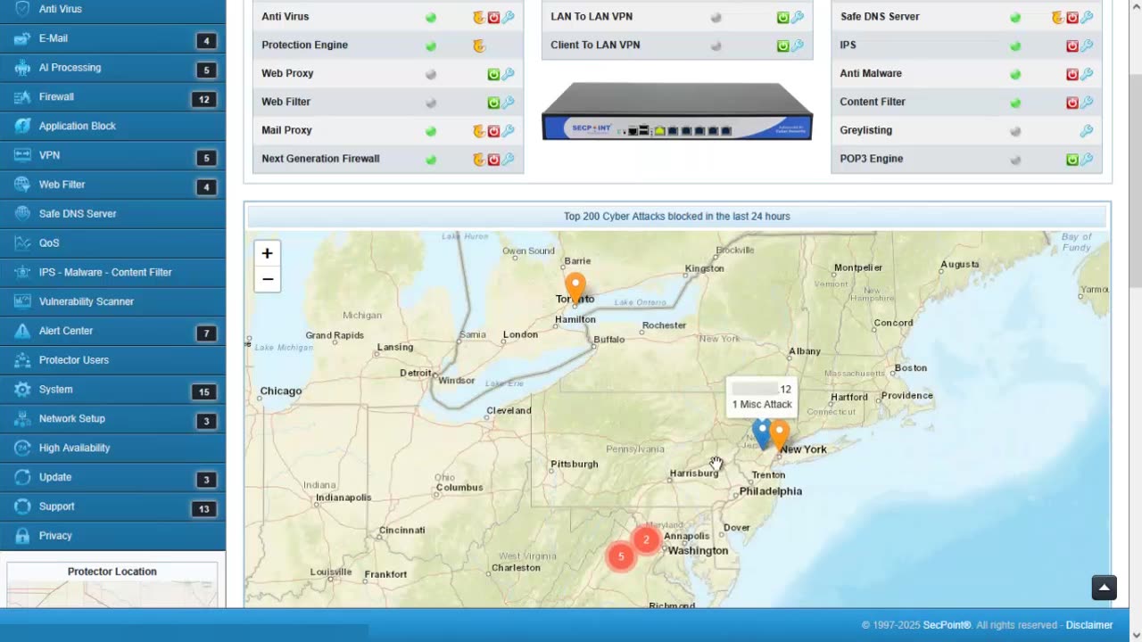 SecPoint Protector UTM Firewall V67 Live World Map Attack Blocking