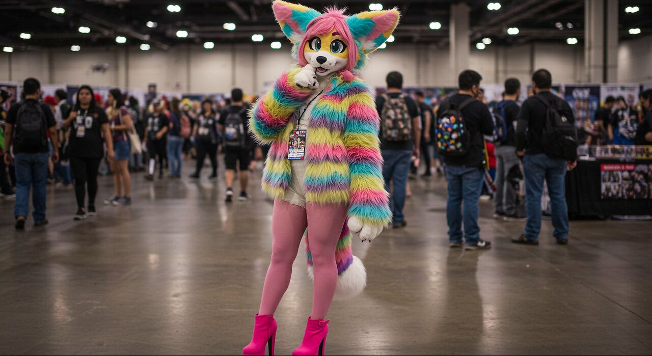 Furry Cosplay Girl with platform high heels in 3D View