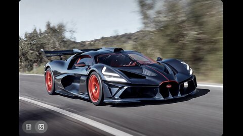 A Bugatti Bolide hypercar in motion on a road, with a blurred natural landscape background.