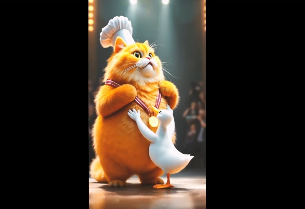 A fat ginger cat cook gets a medal thanks to the duck