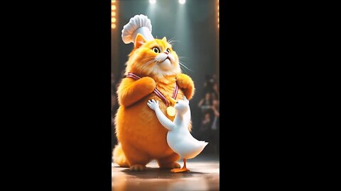 A fat ginger cat cook gets a medal thanks to the duck