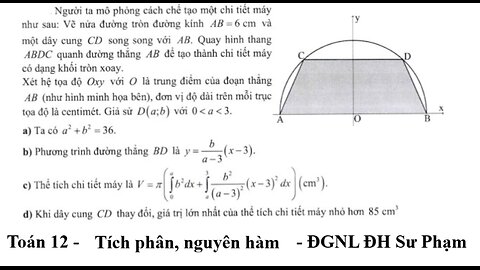 Toán 12: Tích Phân : Người ta mô phỏng cách chế tạo một chi tiết máy như sau: Vẽ nửa đường tròn