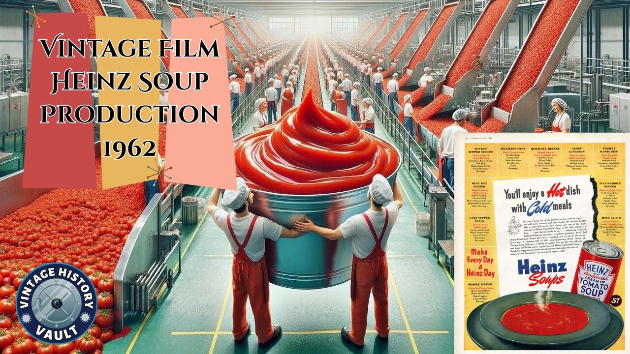 Vintage film Heinz soup production 1962.