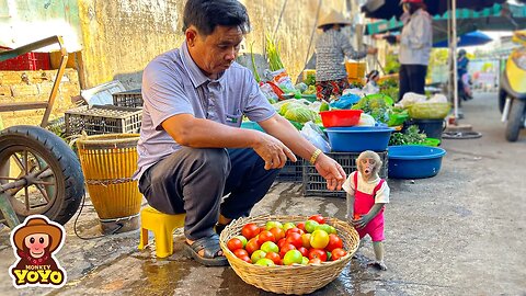 Smart YiYi helps grandpa harvest tomatoes to sell and buy bananas for Yin Yin