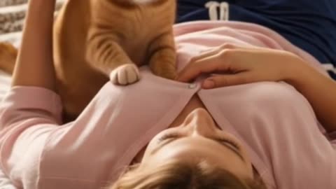 Tabby Cat Try to Wake Up The Girl 😴🐱