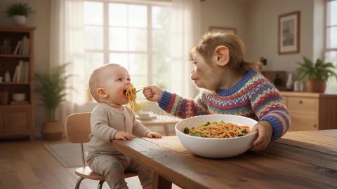 A monkey feeds a child noodles, the baby gets dirty and laughs, sticking out his tongue 🐵🍜👶😂