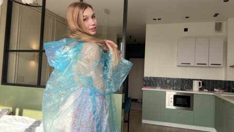 [4K] Raincoat Try-On _ Blue Raincoat over a cute skirt outfit #NUDE #NAKED