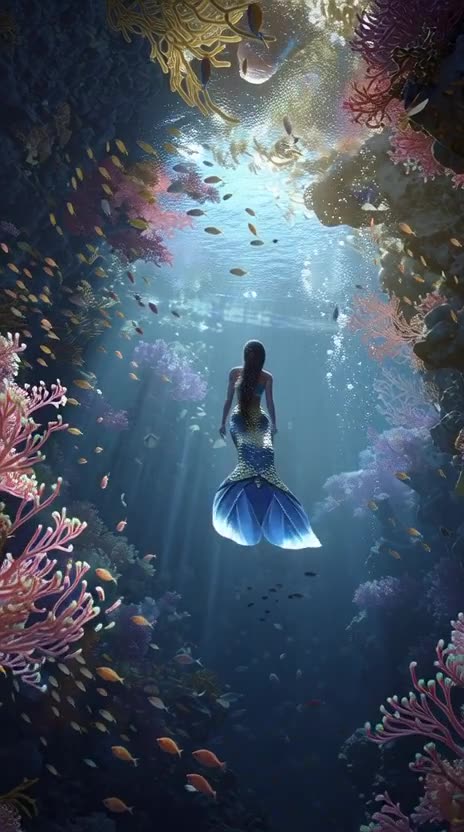 A mermaid on a coral reef with fish and anemones