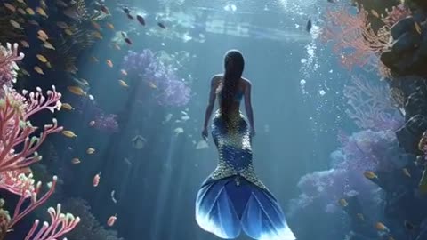 A mermaid on a coral reef with fish and anemones