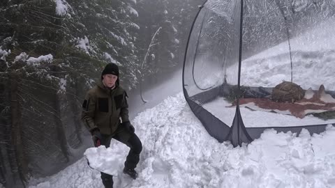 Transparent Hot Tent Camping in Deep Snow - Solo Bushcraft