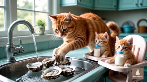 Mama Cat Picks Strawberries & Eggs Bakes Birthday Cake & Makes Tiger Hat For Kittens At Home 🐾🧶🥚
