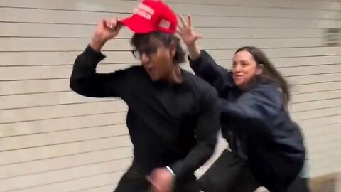 #FAFO "I HOPE YOU ENJOED THE🎩"#Woman falls on face trying to grab a #MAGA #HAT🎩 from #DUDE'S HEAD