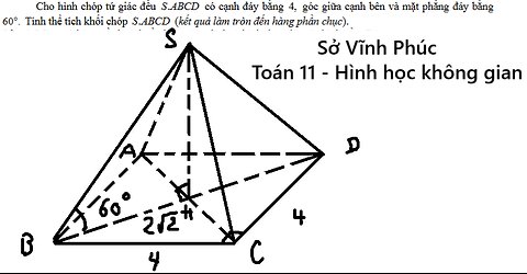 Sở Vĩnh Phúc: Cho hình chóp tứ giác đều .S ABCD có cạnh đáy bằng 4, góc giữa cạnh bên và mặt phẳng