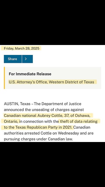 Aubrey Cottle: Oshawa, Ontario, hacked & released the private info of donors to the Freedom Convoy