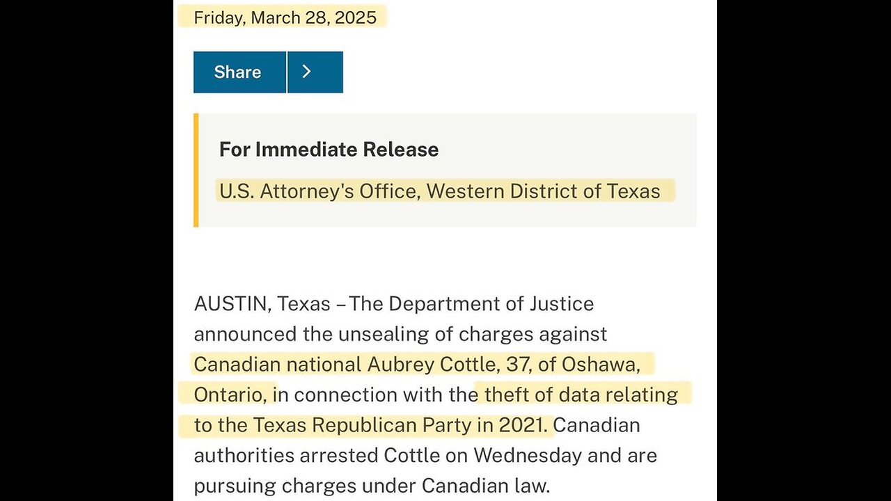 Aubrey Cottle: Oshawa, Ontario, hacked & released the private info of donors to the Freedom Convoy