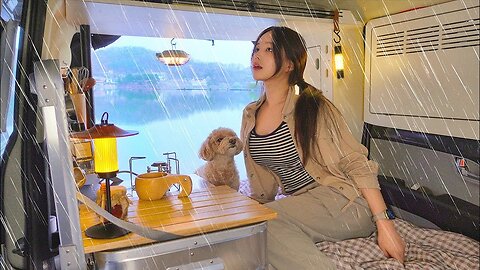 ☔️I'll sleep in the car in front of the reservoir in the rain 🚐