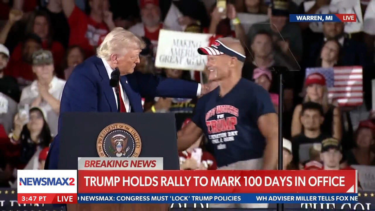 Auto Workers for Trump Founder Brian Pannebecker with Pres Trump at 100 Day Rally in Michigan 4/29/25