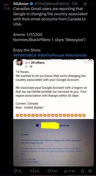 🔥 GOOGLE FORCES CANADIANS INTO USA ACCOUNTS: QAnon Warns of Censorship, Data Grab & ‘Sleepy Joe’ Collusion