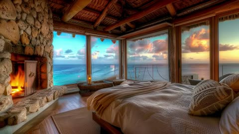 Ocean View Ambience 🌊 Cozy Bedroom & Fireplace Sounds for Sleep and Relaxation