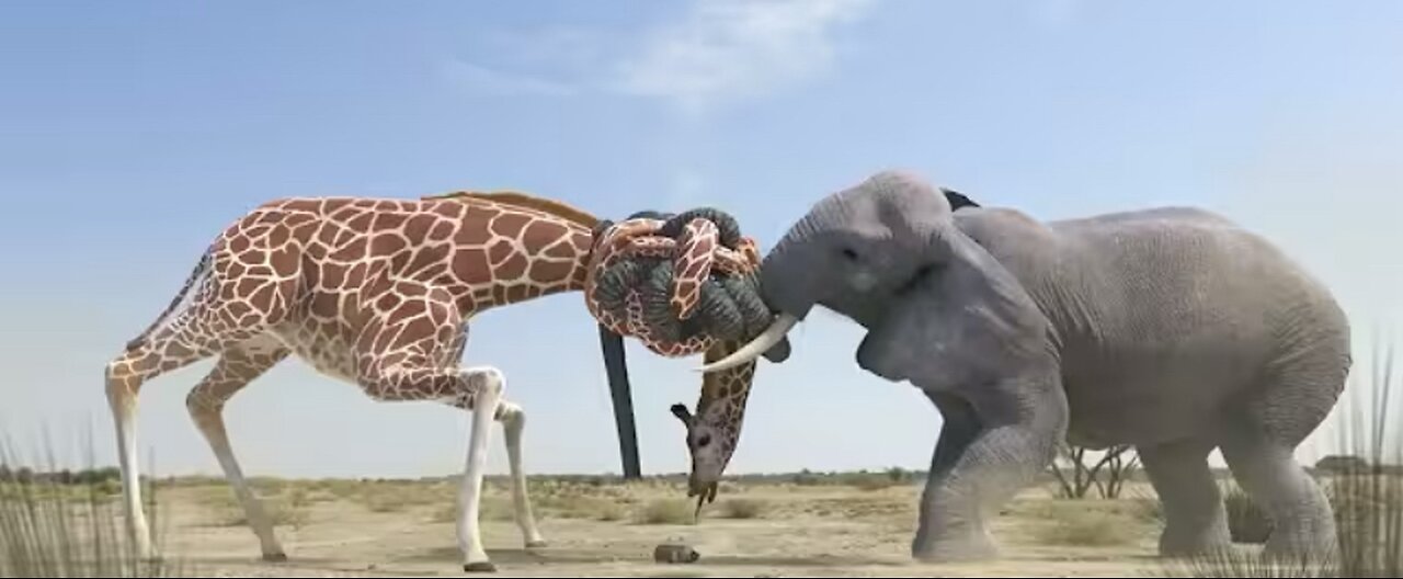 Giraffe Vs Elephant fight for Water