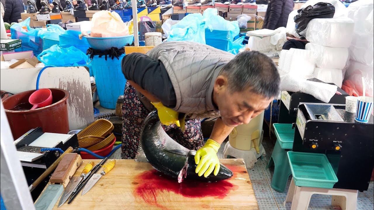 korean seafood market fish cutting skill