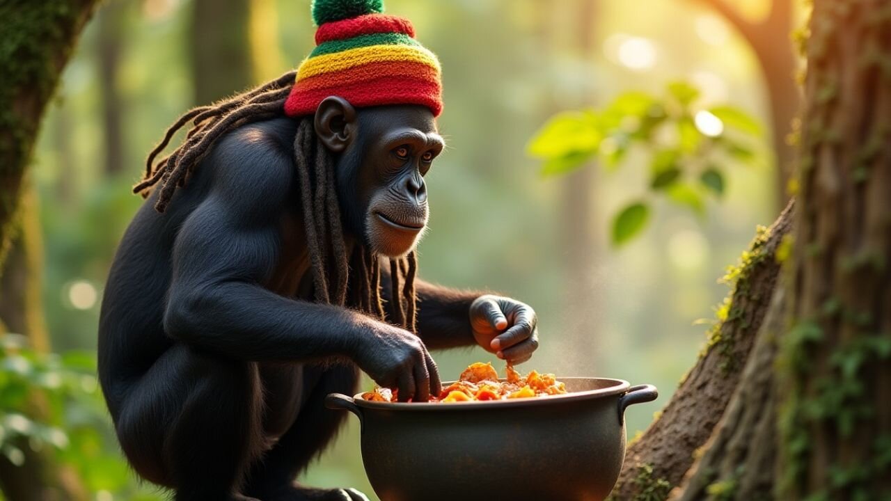 Rasta Monkey Cooking a Bird in the Amazon Rain Forest