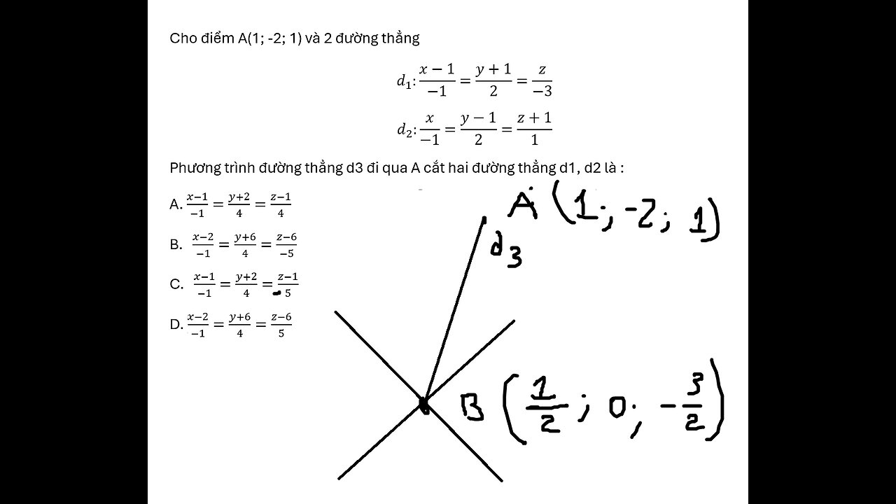 Cho điểm A(1; -2; 1) và 2 đường thẳng d1: (x-1)/(-1)=(y+1)/2=z/(-3) ; d2: (x)/
