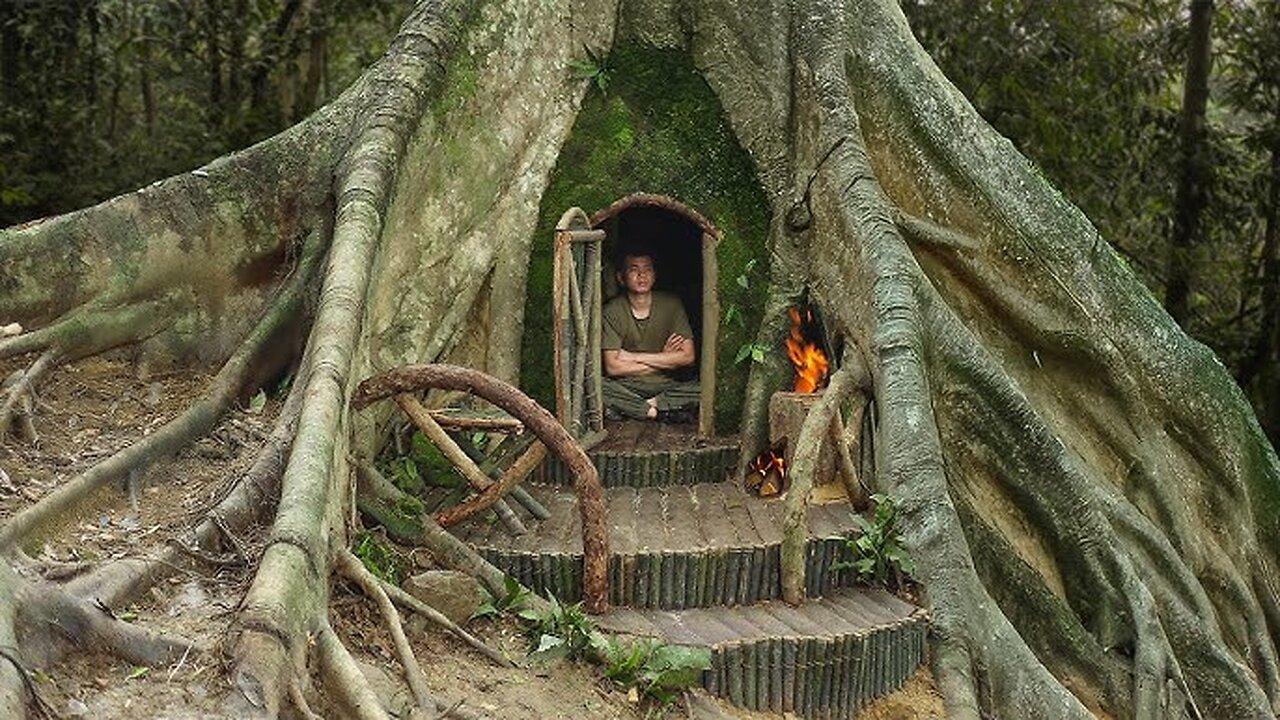 🌲 I Survived 5 Days Inside a Giant Tree Stump Shelter | Epic Bushcraft Adventure