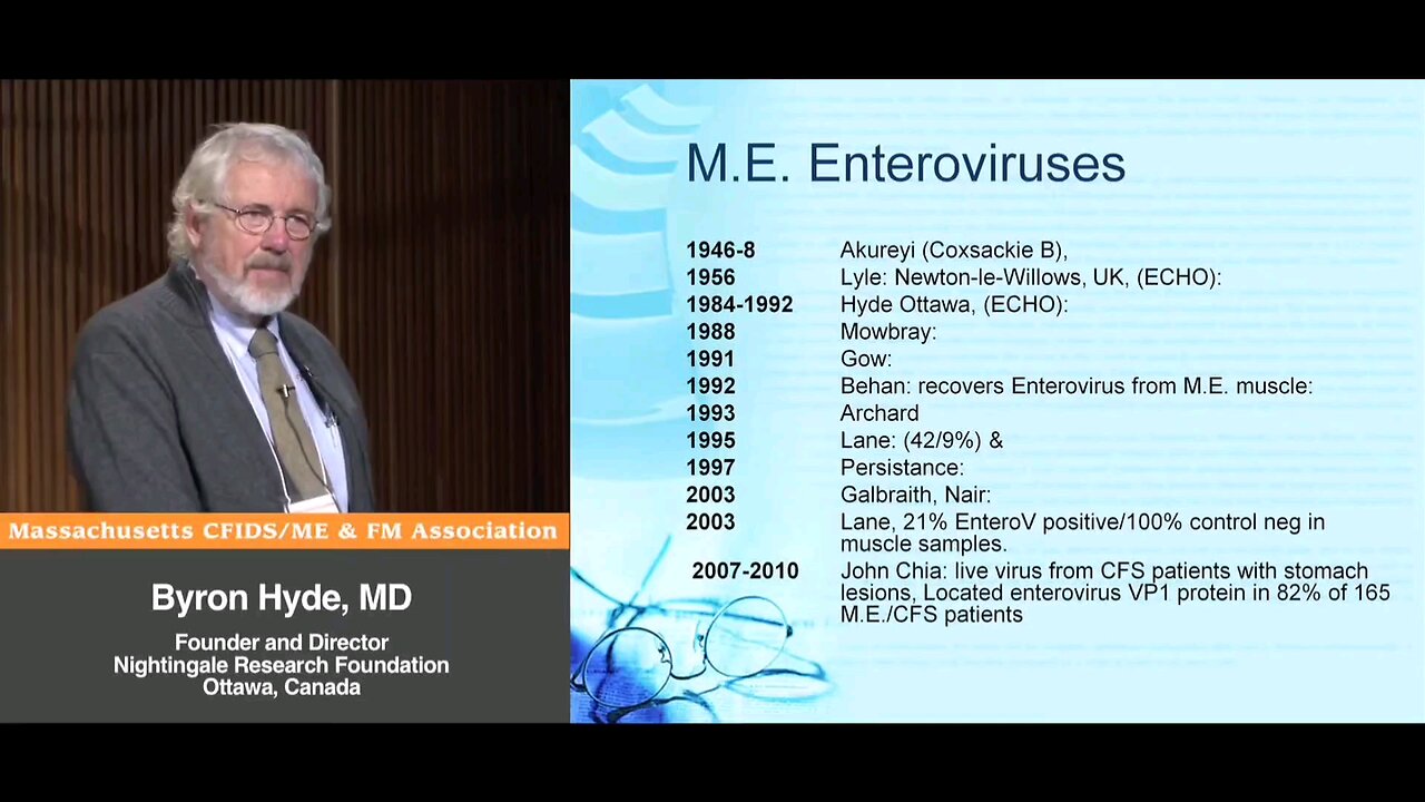 "Myalgic Encephalomyelitis" (aka Enteroviral Encephalomyelitis) and Enteroviruses, Recovery of Enteroviruses from Epidemics and Patients, so we know what the cause is ? - Byron Hyde, MD