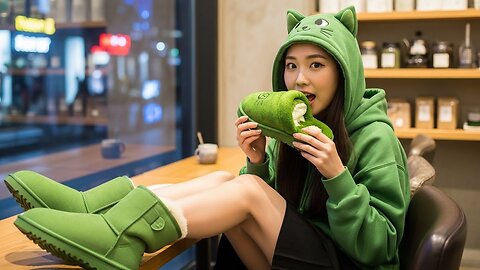 Adult East Asian girl with Matcha Cat Hoodie and Eating Matcha Ugg slippers made out of Cake
