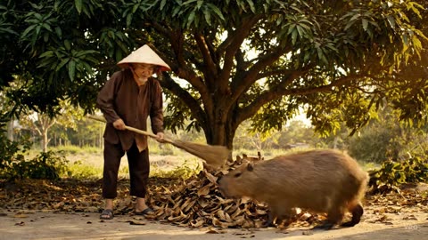 Cappybara play with the Oldest farmer