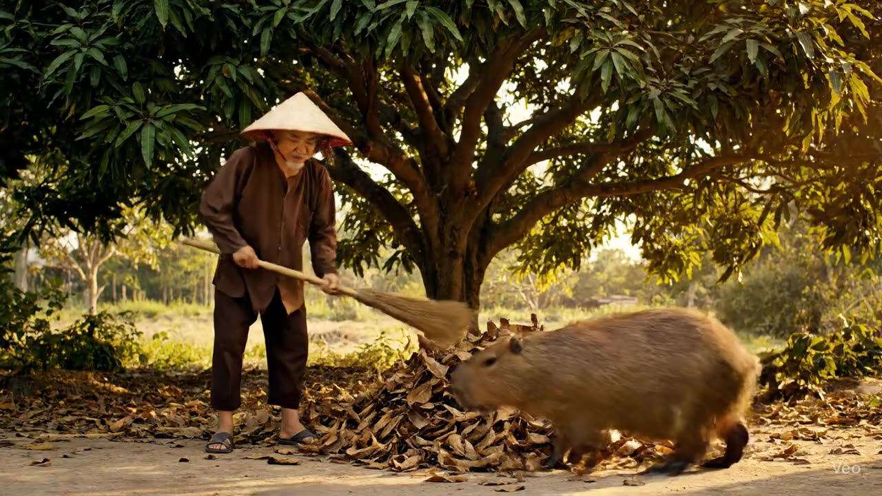 Cappybara play with the Oldest farmer