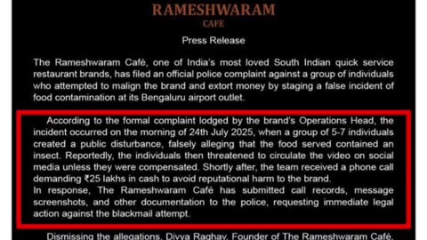 Worm in Pongal or ₹25 Lakh Extortion Plot? Bengaluru’s Rameshwaram Cafe Calls Viral Video a Setup!