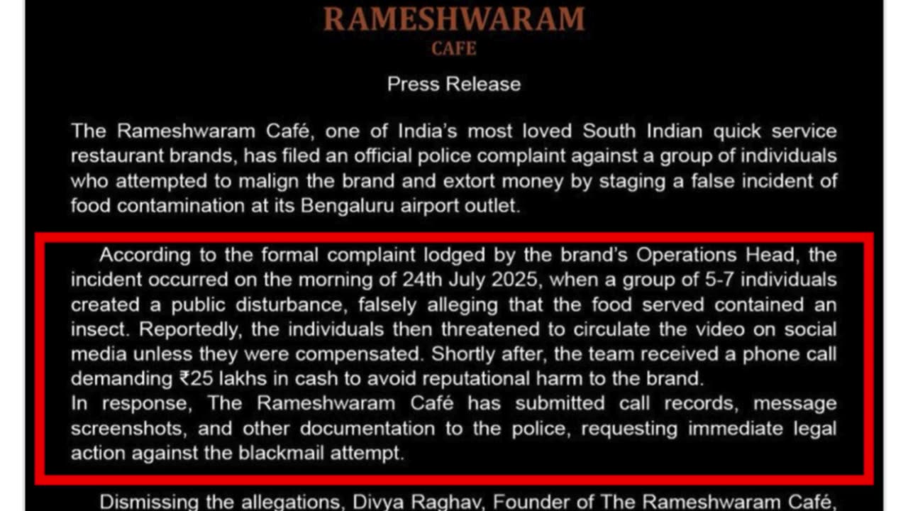Worm in Pongal or ₹25 Lakh Extortion Plot? Bengaluru’s Rameshwaram Cafe Calls Viral Video a Setup!