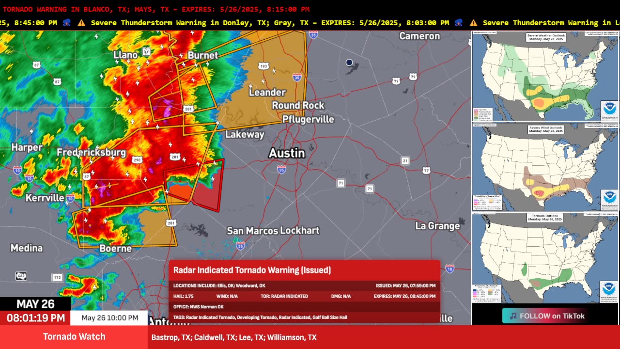 🚨 LIVE TORNADO WARNING – Austin TX | Baseball Hail & 80 MPH Winds!