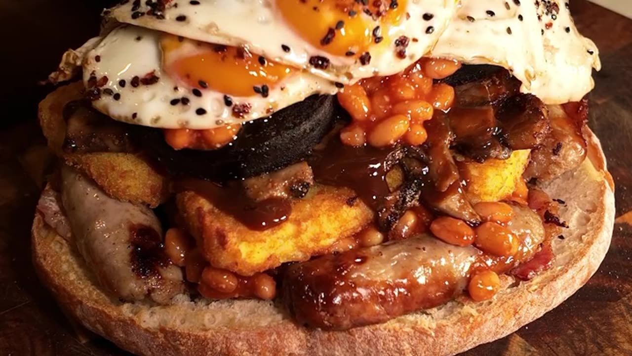 Big bite delicious sandwhich filling with typical english breakfast