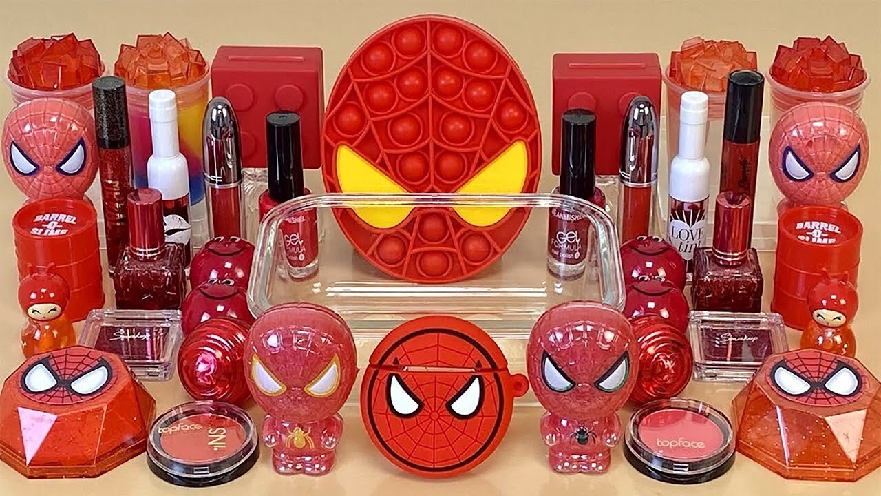 Spider Man SLIME. Mixing makeup and glitter into Clear Slime. Satisfying Slime Videos